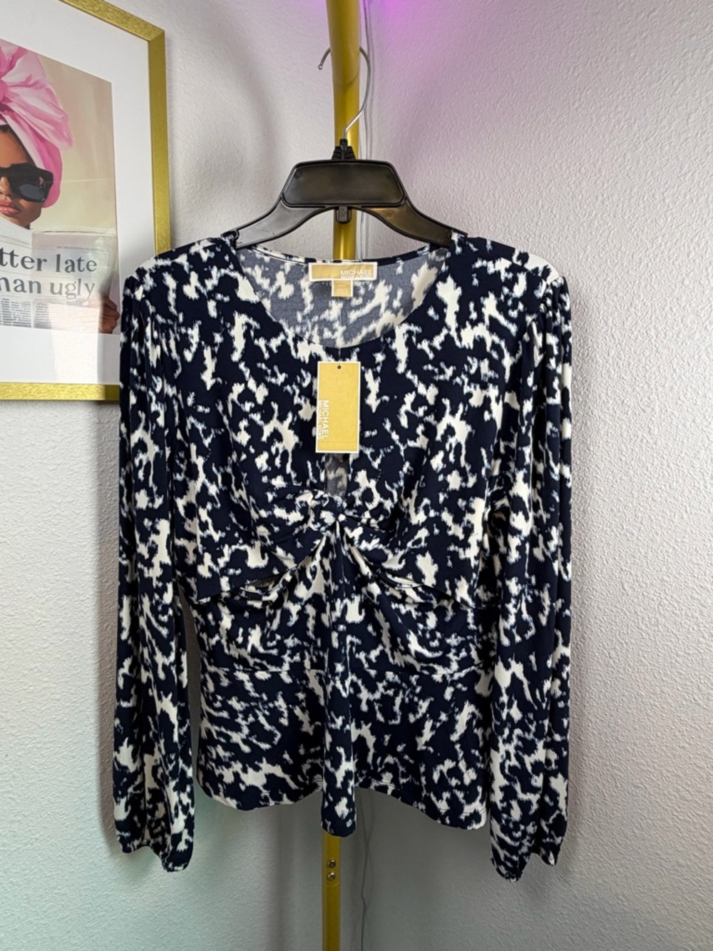 Michael Kors Navy and White Abstract Tie-Front Long Sleeve Top - Large - NWT $98